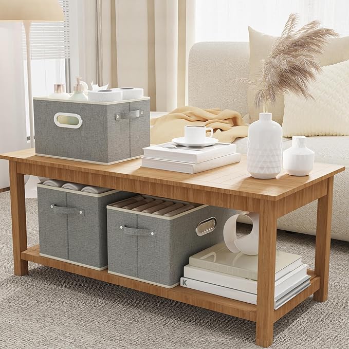 Fabric Open Storage Bins with Metal Handles, Collapsible Organizer Baskets, Foldable Cube Boxes for Shelves, Closet, Living Room, 13x9.1x7.9in, Grey, 2 Pack