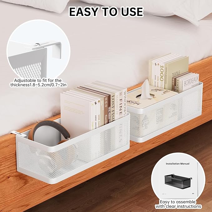 Bedside Caddy Shelf for Bunk Bed & Dorm, Adjustable Bunk Bed Caddy Holder for Top Bunk, Rails, Cribs, Bedside Shelf Organizer for Phone/Books/Drinks (White, L(L11in*W4.9in*H3.93in))
