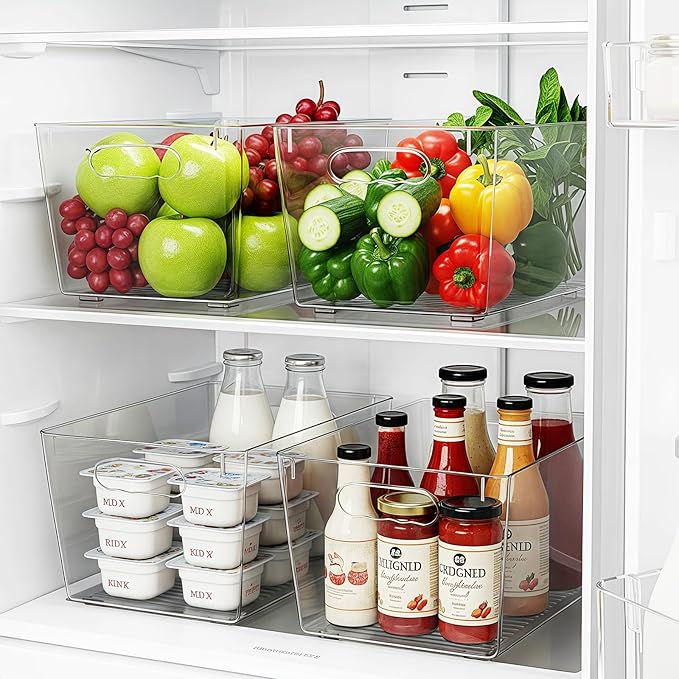 KJIXYUNG Clear Plastic Storage Bins, 4-Pack Stackable Pantry Organizers and Storage Containers for Kitchen, Fridge, Cabinet and Closet Organization - Home Essentials