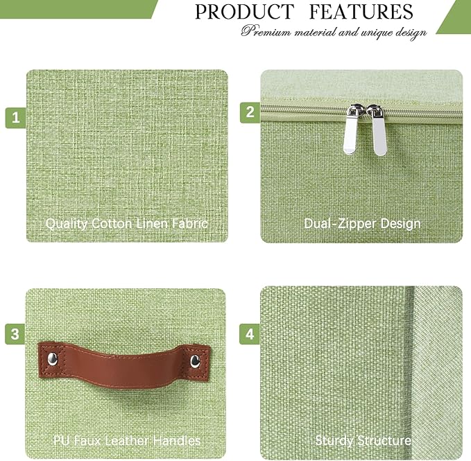 Storage Bins with Zipper Lid Foldable Fabric Lidded Storage Boxes Baskets Cubes Washable Collapsible PU Leather Handle Cotton Linen Fabric Shelf Closet Organizer Container(Green, Large Size)