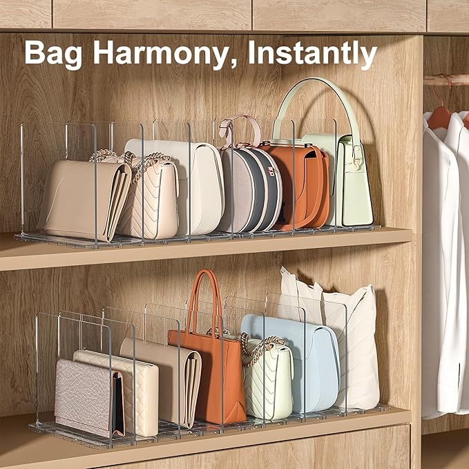 Bag & Purse Organizer for Closet: Adjustable Clear Handbag Storage Shelf - Plastic Clutch Dividers for Closet Organizers and Storage - Keep Carteras & Pocketbook Upright