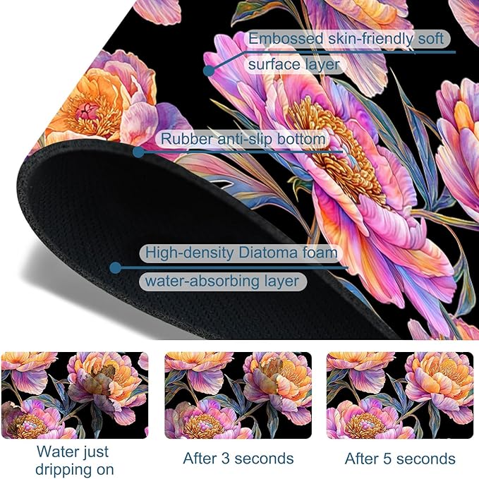Colorful Peonies Sink Splash Guard Blooming Peonies Faucet Absorbing Mat Fast Drying Mat Sink Gadgets Splash Guard Behind Faucet Drip Catcher for Kitchen Bathroom, 15.5"x5.5"