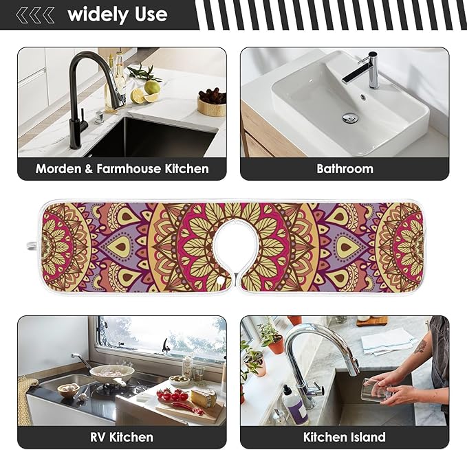 Sink Faucet Absorbing Mat Kitchen Sink Splash Guard Splash Faucet Drip Catcher for Bar RV Bathroom 2PCS 14.9x5.5in Mandala Pattern Purple and Orange