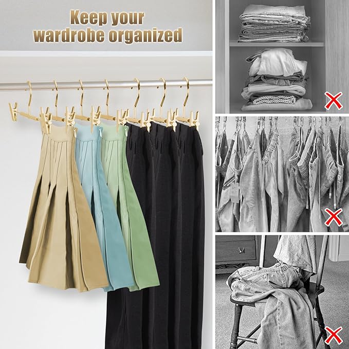 VWV 20-Pack Adjustable Women's Skirt and Pants Hangers, Durable, Space-Saving, Suitable for Jeans, Shorts, Underwear, Sports Bras (Gold)