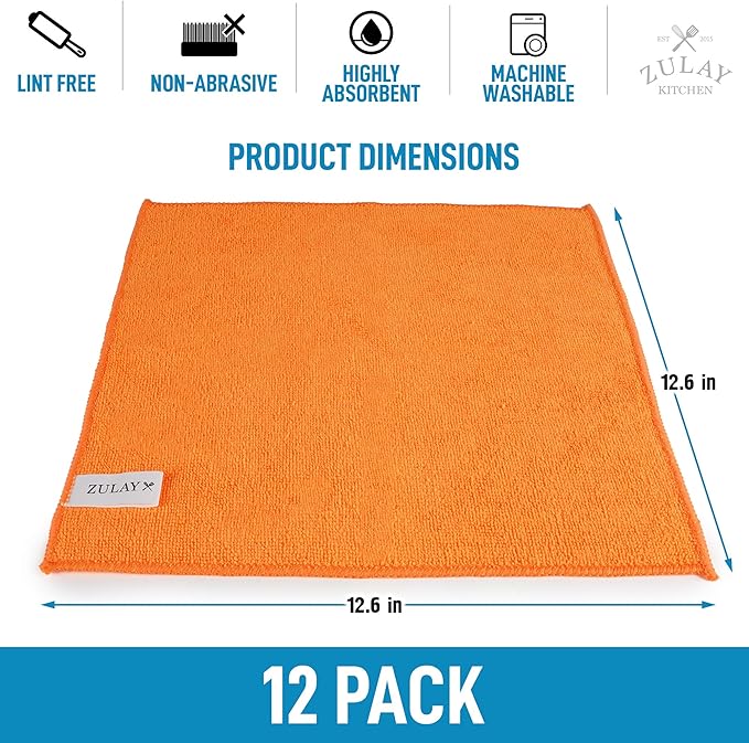 Zulay 12 Pack Microfiber Cleaning Cloths - 12x12 Inch Ultra Absorbent Cleaning Rags for House Washable - Lint Free Microfiber Cloth Kitchen Rags for Cleaning Cars, Windows, Countertops, & More