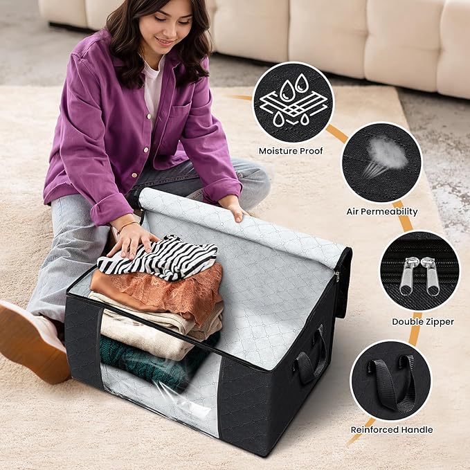 Fab totes Storage Bags,Clothes Blanket Storage Bins Foldable Closet Organizers with Reinforced Handle for Home Dorm Storage and Organization,Fabric Bags for Organizing Sheets,Clothing (Black,3 Pack)