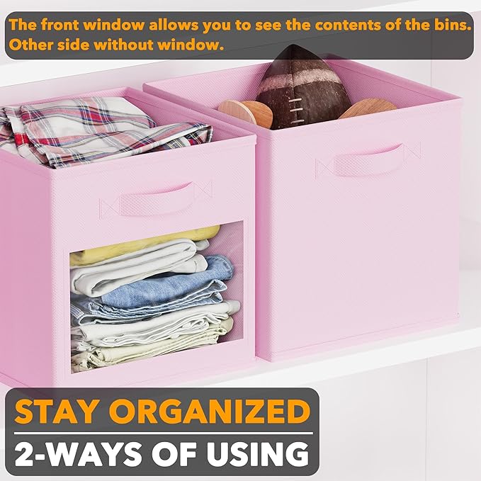 SpaceAid Storage Cubes with Clear Windows, Set of 6 Fabric Bins, 11 Inch Foldable Baskets Boxes for Closet, Cubby Shelf or Cube Storage Organizer, Pink
