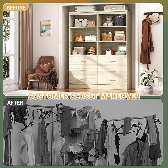 Aheaplus Closet Drawers Organizer System, 3.54FT Wood Closet System with 4 Drawers, Modular Walk-in Closets Storage Unit, Tall Bookshelf Storage Cabinet, White Oak (2 Packs)