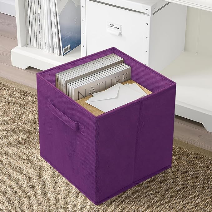 PowerKing Collapsible Storage Cubes with Handles, Fabric Foldable Bins for Closet Shelves, Durable Organization Storage Bins, 10.5'' x 11'' x 10.5'', 2 Pack, Dark Purple