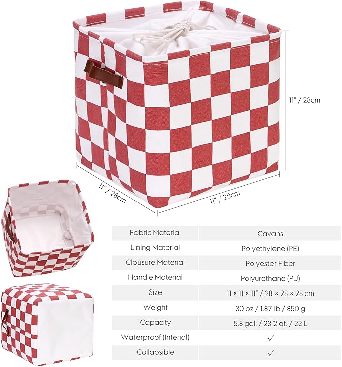 Hinwo 3-Pack Cubic Organizer Shelf Bins, Canvas Fabric Storage Baskets with Handles, 22L/5.8-Gal Square Storage Bins, Cubes, Collapsible Storage Box, 11 x 11 x 11 Inches (S, Red Checkerboard)