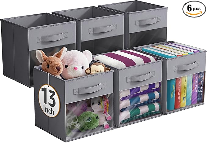 Sorbus 13 Inch Storage Bins with Clear Window - 6 Foldable Baskets for Organizing Clothes, Toys, Books - Sturdy Collapsible Fabric Storage Cubes with Handle - Storage Baskets for Shelves, Closets