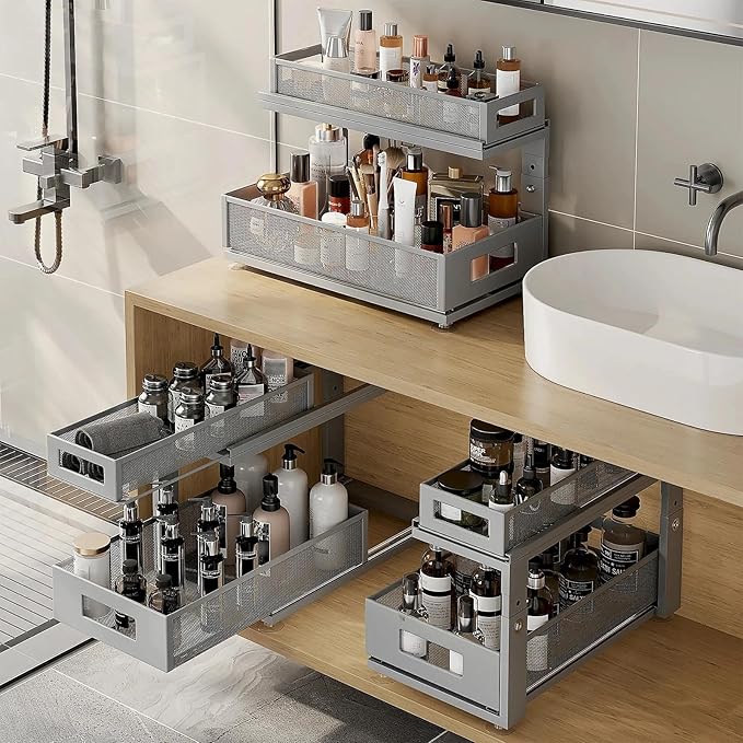 Corbyles 2 Pack 18.5IN-Depth Under Sink Organizer With Next-Gen Ball-Bearing Slides,2-Tier Pull Out Cabinet Storage,Height Adjustable Drawer Shelf for Bathroom,Kitchen,Laundry,Cabinet,Pantry-Gun Gray