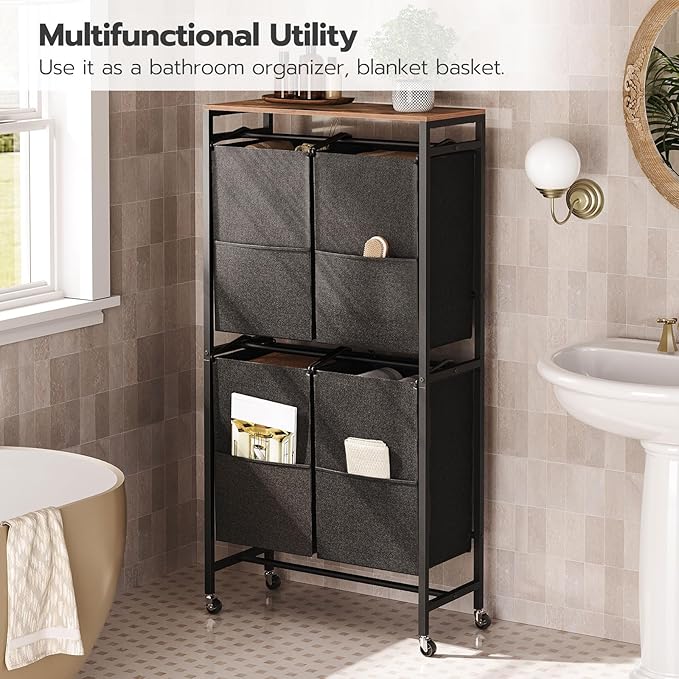 HOOBRO Laundry Sorter, Laundry Basket with Wheels, 52 Gal (198L) Rolling Laundry Hamper, 2 Tier Laundry Cart with 4 Removable Oxford Fabric Laundry Bags, Rustic Brown and Black BF71XY01