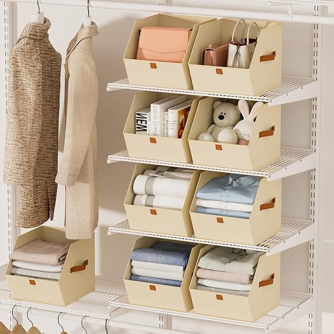 Fabric Closet Storage Cubes - 6 Pack Square Storage Bins with Dual Handles for Clothes, Towels, Toys, Cube Storage Organizers for Bedroom, Nursery, Shelves, Closet, Small Spaces, Beige