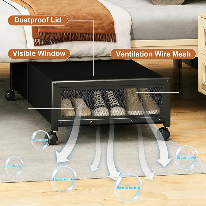 2 Pack Under the Bed Storage Containers,36 inch Long Underbed Storage with Wheels,7.3 inch Height Under Bed Shoe Storage,Large Rolling under bed Clothes Storage Drawers with Lid for Dorm,Black