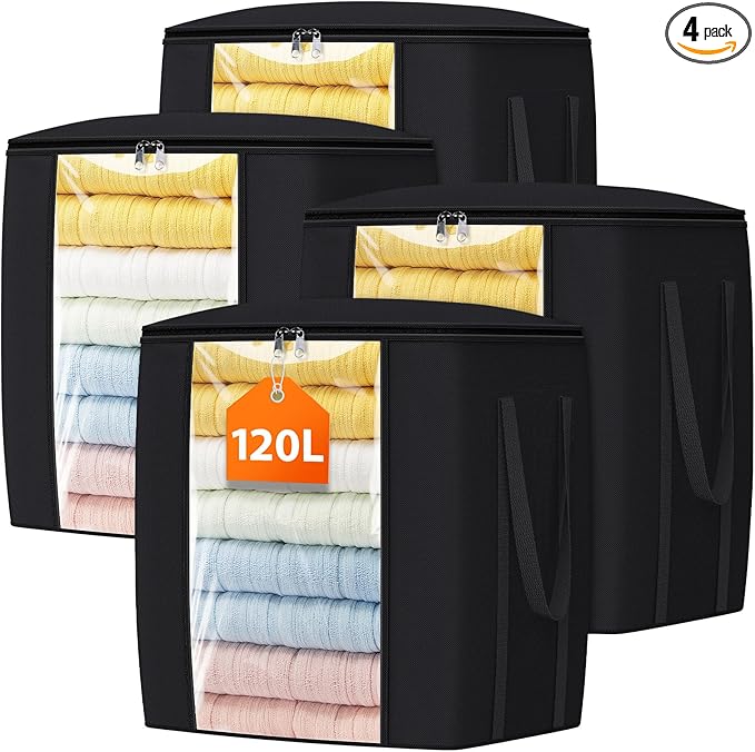120L Extra Large Clothes Storage Bags, Foldable Blanket Storage and Organization, Thick Fabric Containers with Reinforced Handles & Zippers for Clothing, Comforters, Bedding, Black, 4 Pack