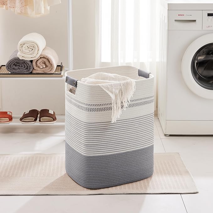 75L Tall Laundry Hamper with Handles for Living Room Storage, Large Woven Rope Baskets Bin for Blanket, Kids Toy, Gifts, Wicker Hamper for Bedroom Dirty Clothes, 16"x13"x22" White Grey