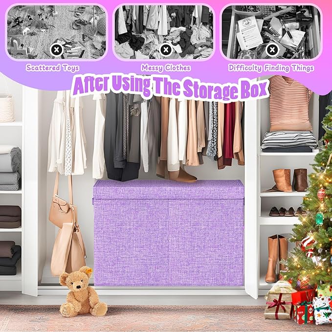 Large Toy Storage Box with Lid Divider, Sturdy Collapsible Toys Organizer Chest Kids Storage Bins Boxes Baskets for Boys, Girls, Nursery, Bedroom, Living Room, Playroom, 25"x13"x16", Purple