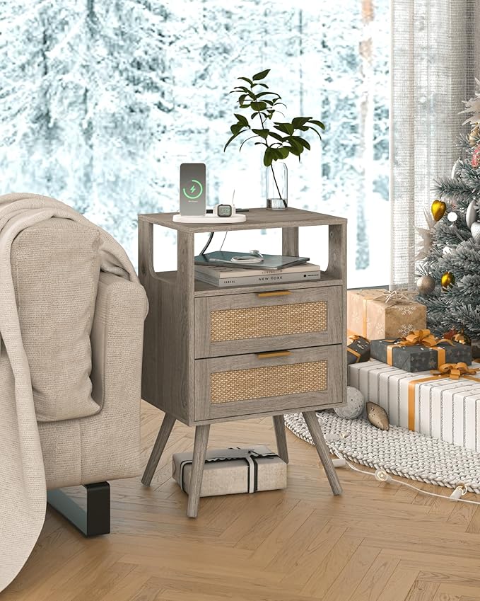Veegle Rattan Nightstand with Charging Station,Modern Bedside Table with 2 Storage Drawer and Open Wood Shelf, for Bedroom and Small Spaces,Night Stand with Solid Wood Legs (Grey Oak)