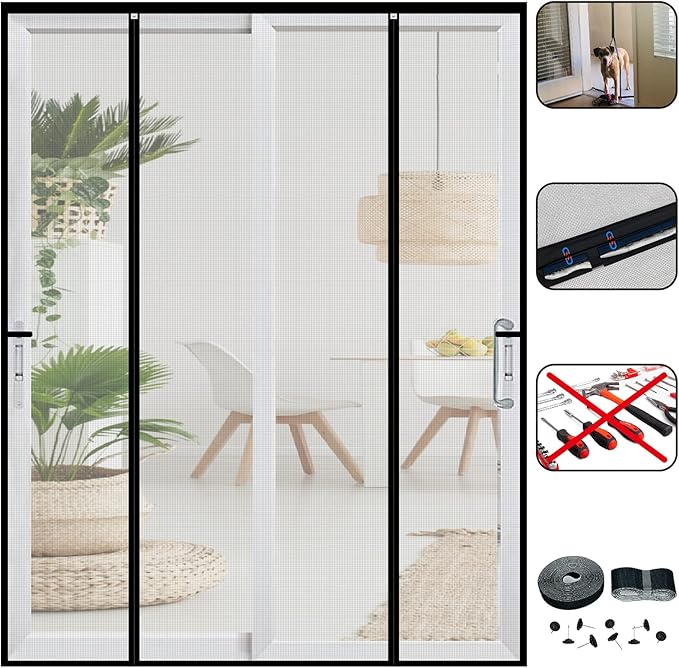 Double Door Mesh Screen Magnetic Closure Heavy Duty for Sliding Door 74" x 80" Extra Long Magnet Bug Screens for French Doors, Self Closing Fiberglass Mosquito Net for Doorway, Keep Bugs Out