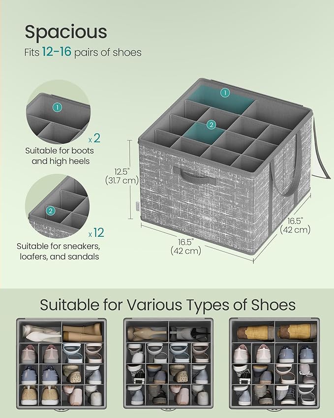 SONGMICS Set of 2 Shoe Organizers for Closet, Fits up to 16 Pairs Each, Shoe Boxes, Fabric Storage Cube with Handles and Transparent Lid, Space-Saving for Bedroom, Entryway, Cattail Gray ULSP602G01
