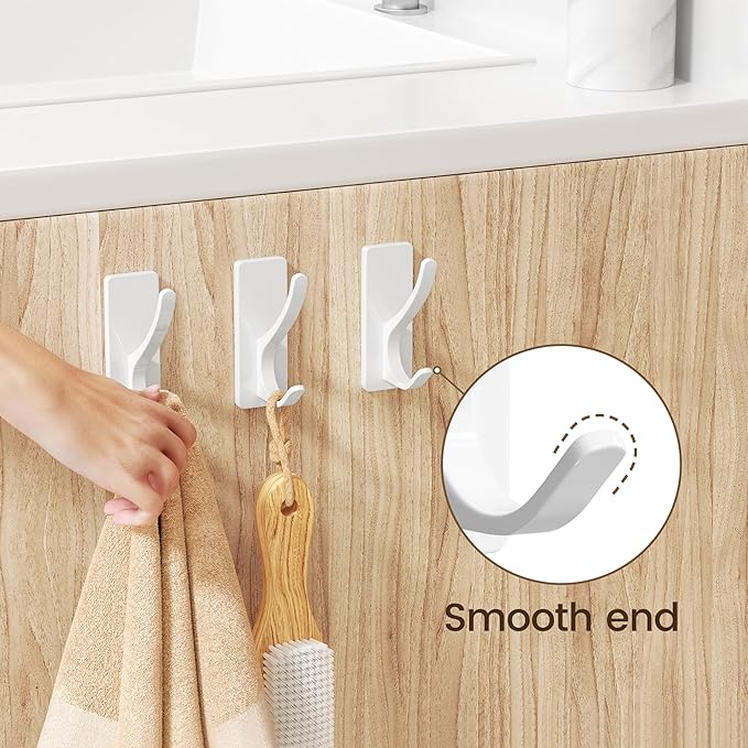 pickpiff Self Adhesive Coat Hooks for Hanging: Heavy Duty Stainless Wall Hook for Towel, Utensil, Backpack, Hat, Sturdy Metal Hanger for Bathroom, Kitchen, Door, White, 4-Pack