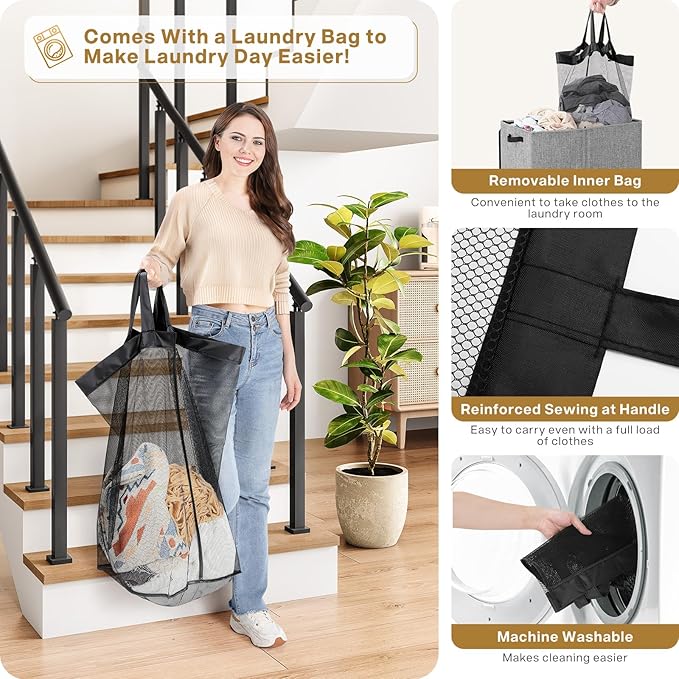 SOLEDI Double Laundry Hamper with Lid and Removable bag, Large Laundry Basket 2 Section with handles, Collapsible Dirty Clothes Hampers for Laundry, Bedroom, Dorm, College