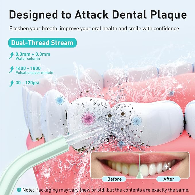 COSLUS Water Dental Flosser Teeth Pick C20(F5020E): Portable Cordless Oral Irrigator 300ML Rechargeable Travel Irrigation Cleaner IPX7 Waterproof Electric Flossing Machine for Teeth Cleaning, Green