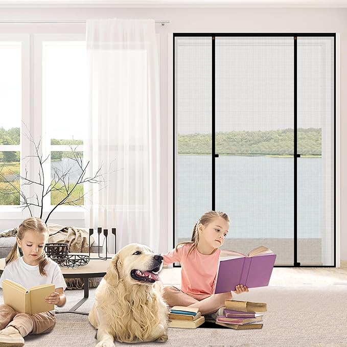 WochiTV Sliding Screen Door Fits Door Size 64 x 82, Magnetic Screen Door Screen Size 66" x 84", Double Opening Mesh Net Curtain with Magnet Hands Free Great for French Door Pet Kid