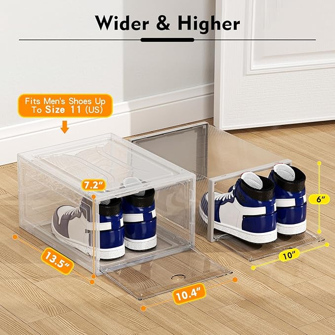 ARSTPEOE Upgrade Harder Solid Plastic Shoe Organizer, Shoe Storage with Magnetic Front Door, Shoe Rack 6 Pack Shoe Boxes Clear, Sneaker Storage, Shoe Organizer for Closet, Shoe Display Case, White