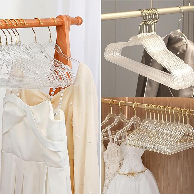 VSV stoage Clear Clothes Hangers 16", 40 Pack Plastic Coat Hanger for Adult Closet, Bling Thin Hangers with Swivel Gold Hook, Notched Shoulders Perchas - Clothing Rack for Bridesmaid Dresses