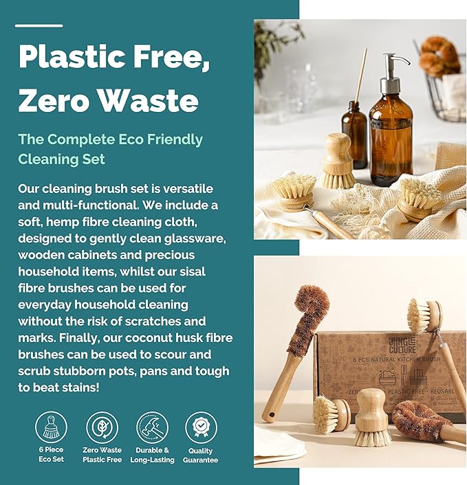 Jungle Culture® 6 Pack Bamboo Dish Brush Set for Washing Up • Natural Wooden Dish Brushes for Pans & Dishes • Eco Friendly Dish Scrubber for Bottles, Pots & Vegetables • Non Toxic & Plastic Free