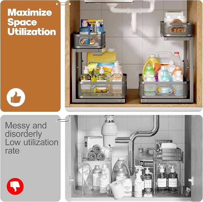 2 Pack 19.3IN-Depth Under Sink Organizer with Smooth Cylindrical Rail,2-Tier Pull Out Multi-Purpose Cabinet Storage for Bathroom&Kitchen,Height Adjustable,Rust-Resistant Coating-Gun Gray