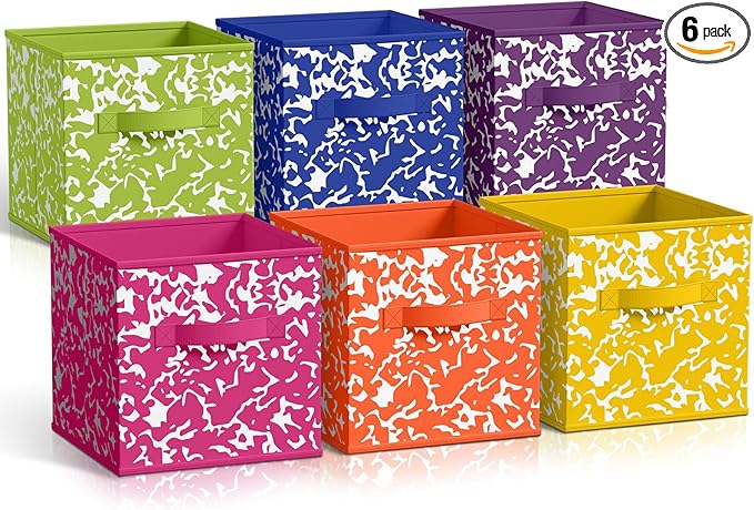 LemonRoad 6 Fabric Storage Cubes 11 Inch Foldable Marble Storage Bins for Organizing Pantry, Toy Box, Clothes Closet Collapsible Baskets for School Organizing with Handle(Rainbow Color, Classic Style)