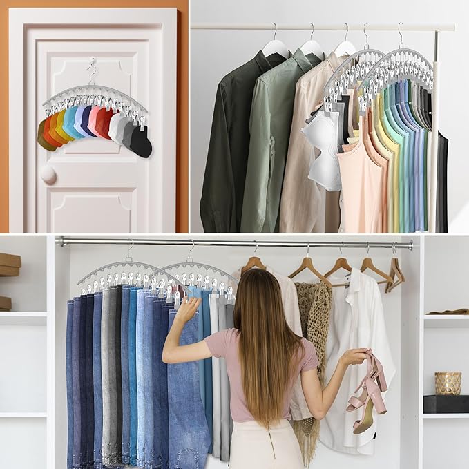 3 Pack Legging Organizer for Closet Hanging, Pants Hangers with Clips Holds 45 Leggings, Shorts, Skirts, Jeans, Hats, Pants Hangers Space Saving Clothes Racks Closet Organizers and Storage, Grey