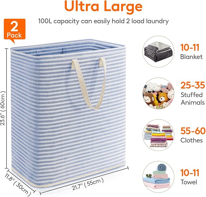 Lifewit 2 Pack Laundry Hamper Large Collapsible Laundry Baskets, Freestanding Waterproof Clothes Hamper with Easy Carry Handles in Laundry Room Bedroom Bathroom College Dorm, Grey&Blue, 2 x 100L