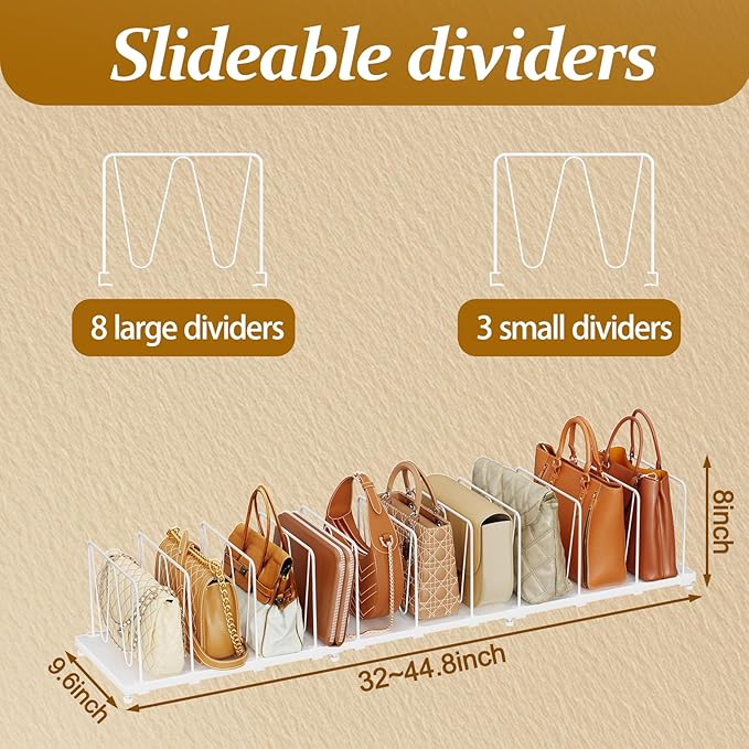 11-Pack Adjustable Shelf Dividers, Expandable Purse Organizer for Closet (32–44.8"), Purse Storage Handbag Organizer for Closet Shoe Cabinet，White