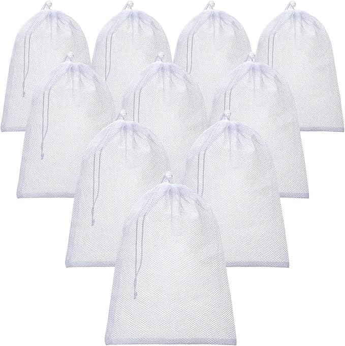 TecUnite 10 Pcs Mesh Bags Drawstring Laundry Bags Large Nylon Mesh Gift Dishwasher Bag with Sliding Drawstring for Kitchen Jewelry Gifts Wedding Favor Home(24 x 36 Inch,White)