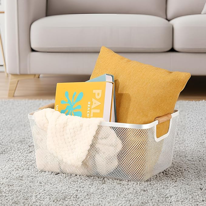 4 Pcs Metal Wire Basket with Wooden Handles Mesh Steel Storage Organizer Bin Containers for Home Cabinet Pantry Closet Kitchen Fridge Fruit Makeup Snacks Gifts(Extra Large,Cream White)