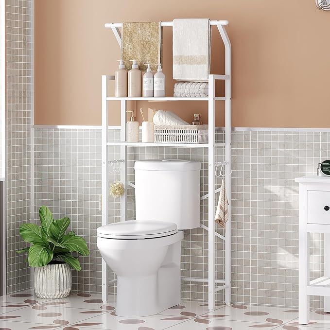 2-Tier Over The Toilet Storage, Multifunctional Vertical Over Toilet Bathroom Organizer, Freestanding Bathroom Storage Shelves with Hooks, Bathroom Organizer, Rustic Brown and Black TR01WT