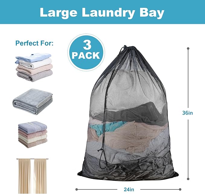 3 Pack Large Mesh Laundry Bag, 24 x 36 Inch Mesh Wash Bag with Drawstring Closure, Delicates Bag for Washing Machine - Perfect for College Dorms, Travel, Laundromats, Apartments (Black)