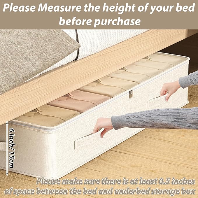 QTLCOHD 3 Pack Under Bed Storage Containers, 31.5 x 17.7 x 6 Inch Large Collapsible Beige Under Bed Drawer Storage Organizer with Handle and Lid for Clothes, Fabric, Blanket, Shoes, Sheet