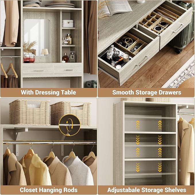 Unikito Closet System with Vanity Desk, 156”Modular Corner Closet Organizer System with Hanging Rods & Adjustable Shelves, Freestanding Wood Wardrobe Organizer, Sturdy Walk in Closet Tower, White Oak