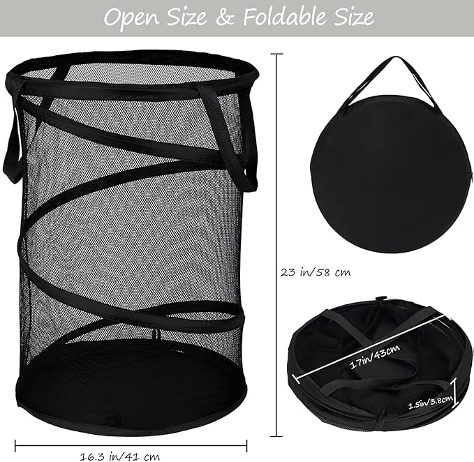 BATTOO 2 Pack Black X-Large Collapsible Laundry Basket Foldable Mesh Pop Up Hamper with Handles for Laundry Room, Bathroom, Kids Room, College Dorm, Travel, Camping, Gift Basket