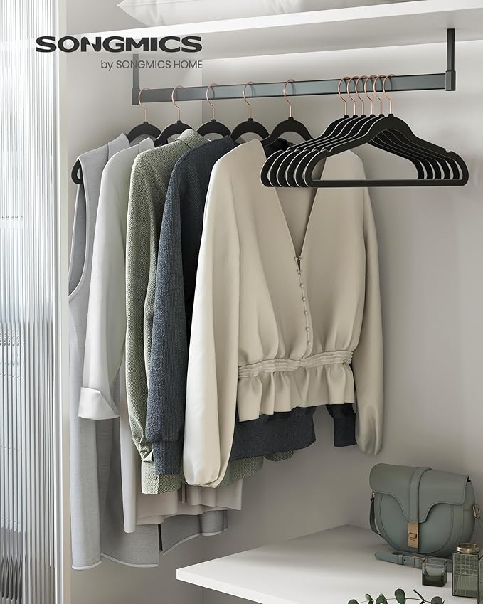 SONGMICS Slim Velvet Hangers, Non-Slip Clothes Hangers with Rose Gold Swivel Hooks, Space-Saving, for Closet, 50 Pack, Black UCRF026B50