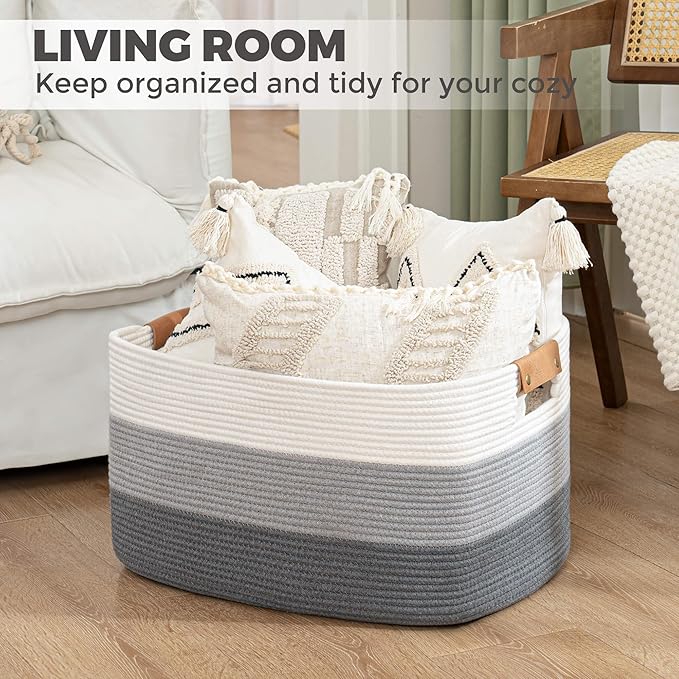 danpinera Blanket Basket, 72L Rectangle Large Basket for Living Room, Baby Room & Laundry, Woven Cotton Rope Toy Bin Baby Nursery Room Storage, 22’’*17’’*11.8’’, Gradient Grey