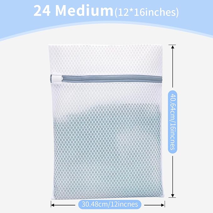 Laundry Bags Mesh Wash Bags with Strong Zipper, Upgraded Honeycomb and Fine Mesh Design Delicate Laundry Bag for College,Dorm,Storage(12X16IN, 24PCS)