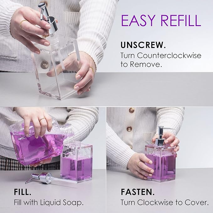 Clear Acrylic Refillable Liquid Hand Soap Dispenser with Rust Proof Stainless Steel Pump, Modern Square Bathroom Vanity Soap Dispenser | 12 oz, 1 Pack