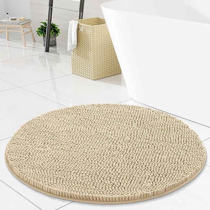 Arotive Bathroom Rugs Round 30x30, Extra Soft Absorbent Shaggy Chenille Bath Rugs, Machine Washable Rubber Backing Non-Slip Bath Mats for Bathroom Floor Tub and Shower, Home Decor Accessories, Beige
