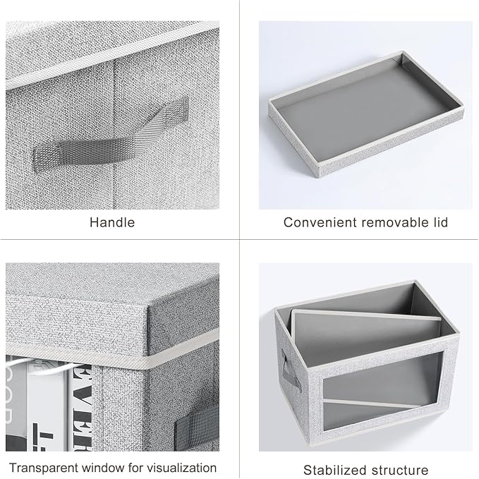 Foldable Storage Bin with Lid - Closet Storage Organizer with Window, Storage Bins with Lids for Clothes, Fabric Storage Baskets for Shelves, Bedroom, Dorm, Light Grey, 4 Pack